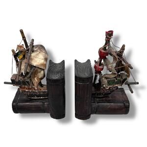 Vintage Clipper Sailboat Ship Bookends‎ Brown Wood String Canvas Coated Set of 2